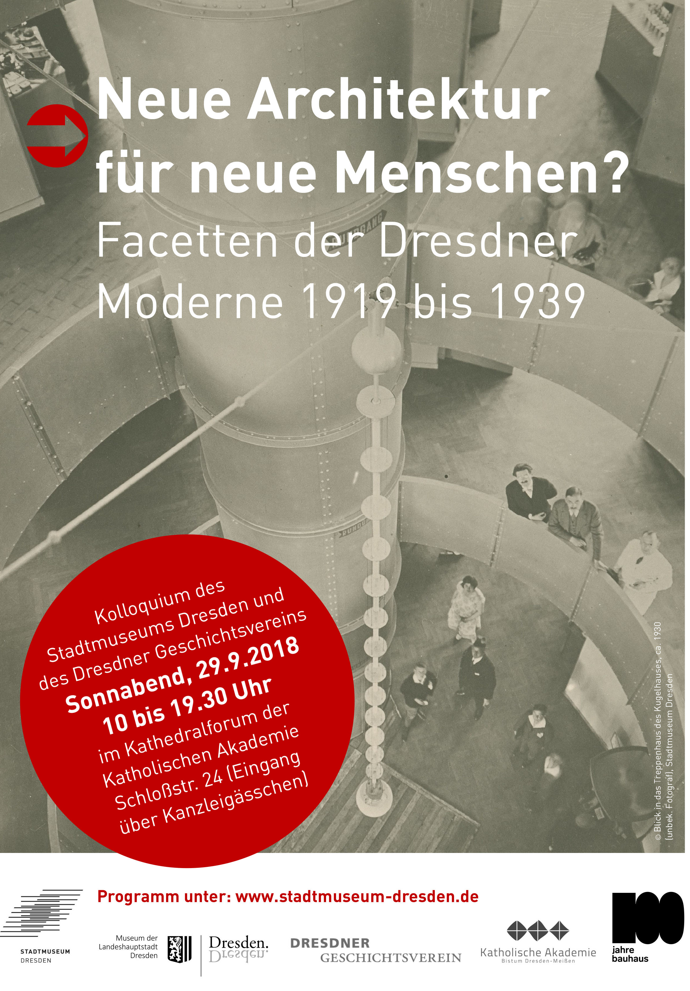 KI generiert: Das Bild bewirbt ein Kolloquium des Stadtmuseums Dresden und des Dresdner Geschichtsvereins zum Thema "Neue Architektur für neue Menschen?" und behandelt Facetten der Dresdner Moderne von 1919 bis 1939. Es findet am 29. September 2018 in der Katholischen Akademie in Dresden statt.