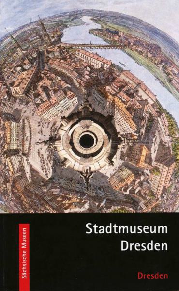 KI generiert: Das Bild zeigt ein kunstvoll ausgestaltetes Poster für das Stadtmuseum Dresden, das eine interessante, kreisförmige Ansicht der Stadt Dresden aus der Vogelperspektive darstellt. Im Vordergrund ist der Schriftzug "Stadtmuseum Dresden" zu sehen.