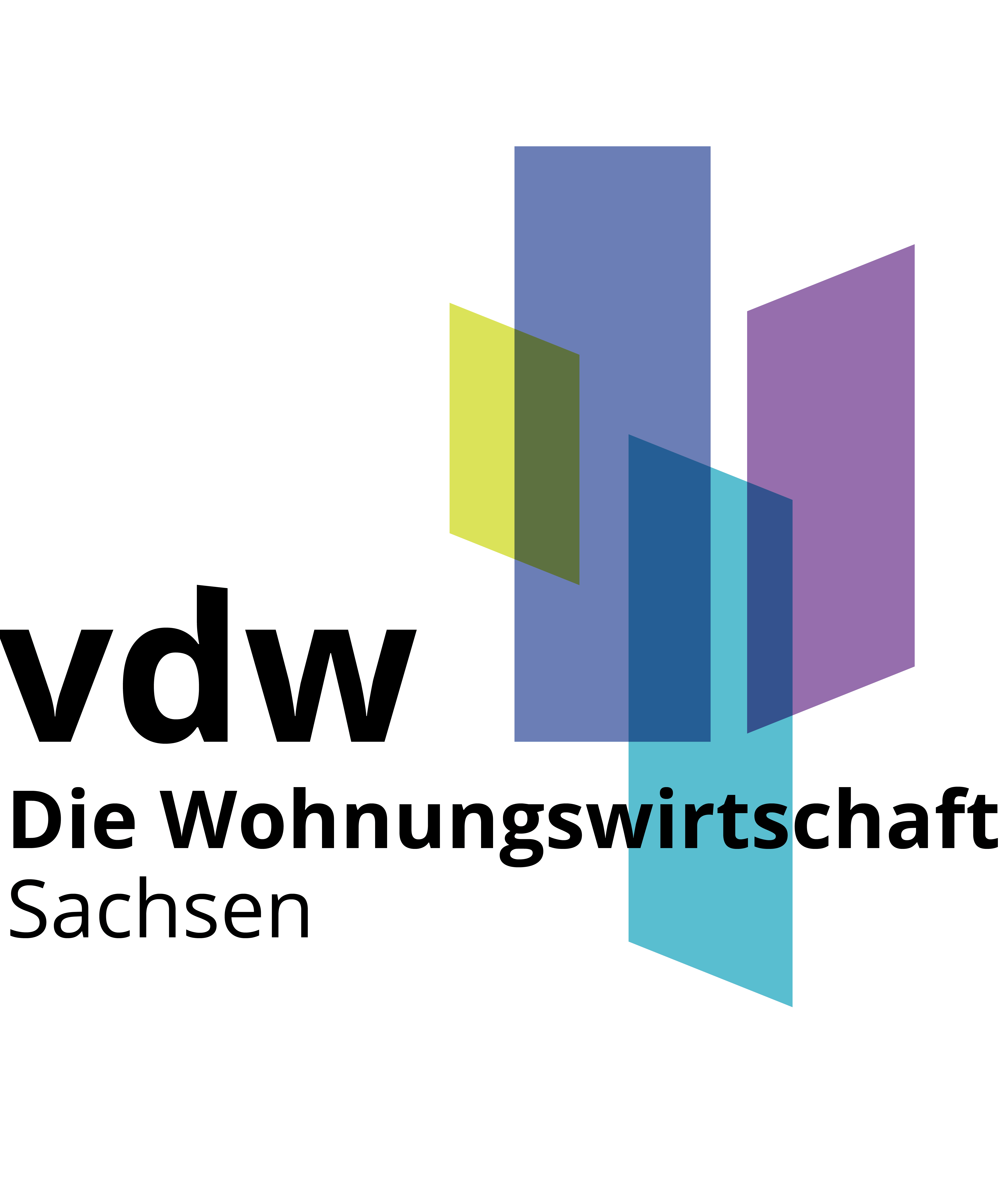 KI generiert: Das Bild zeigt das Logo der "vdw Die Wohnungswirtschaft Sachsen" mit abstrakten, farbigen Formen neben dem Text.