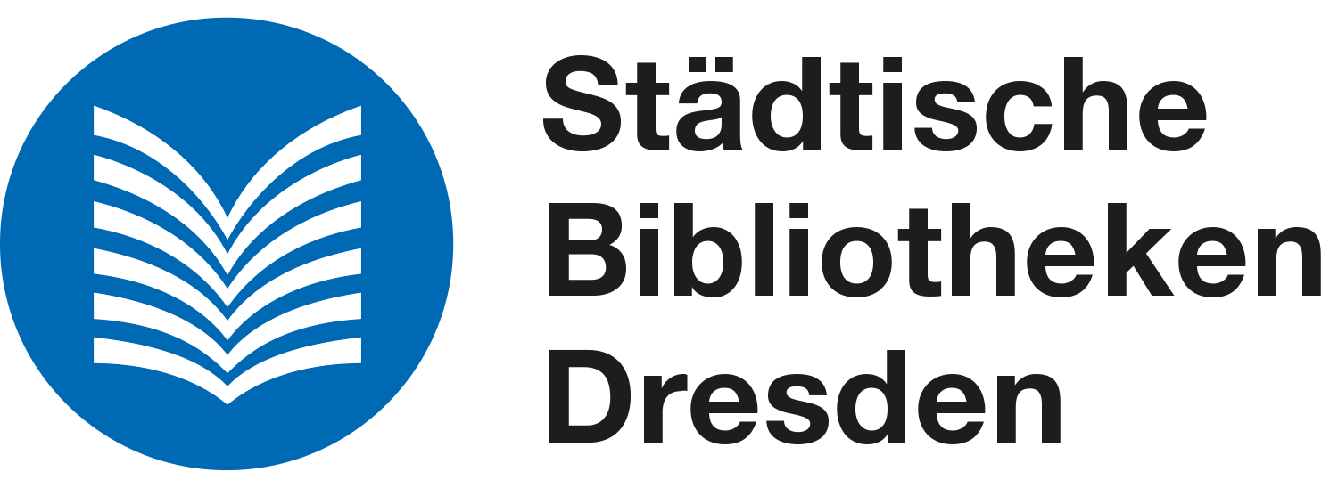 KI generiert: Das Bild zeigt das Logo der Städtischen Bibliotheken Dresden mit einer stilisierten geöffneten Buchgrafik in einem blauen Kreis und dem Schriftzug "Städtische Bibliotheken Dresden" daneben.