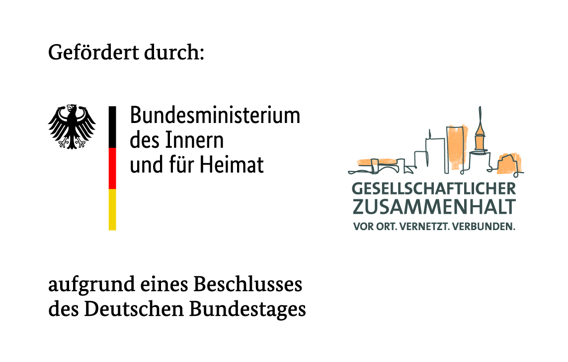 KI generiert: Das Bild zeigt das Logo und die Bezeichnung des Bundesministeriums des Innern und für Heimat, zusammen mit einem Hinweis auf die Förderung und gesellschaftlichen Zusammenhalt durch Beschluss des Deutschen Bundestages. Zusätzlich ist eine Skizze einer Stadt und der Slogan »VOR ORT. VERNETZT. VERBUNDEN.« zu sehen.