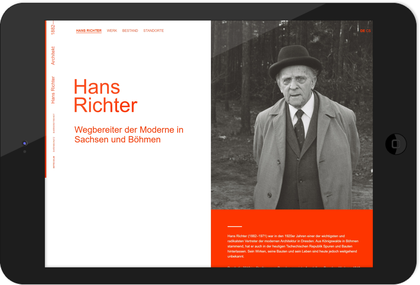 KI generiert: Das Bild zeigt eine Webseite über Hans Richter, einen Wegbereiter der Moderne in Sachsen und Böhmen. Die Seite enthält ein Bild von Hans Richter und eine kurze Beschreibung seiner Bedeutung als Architekt.