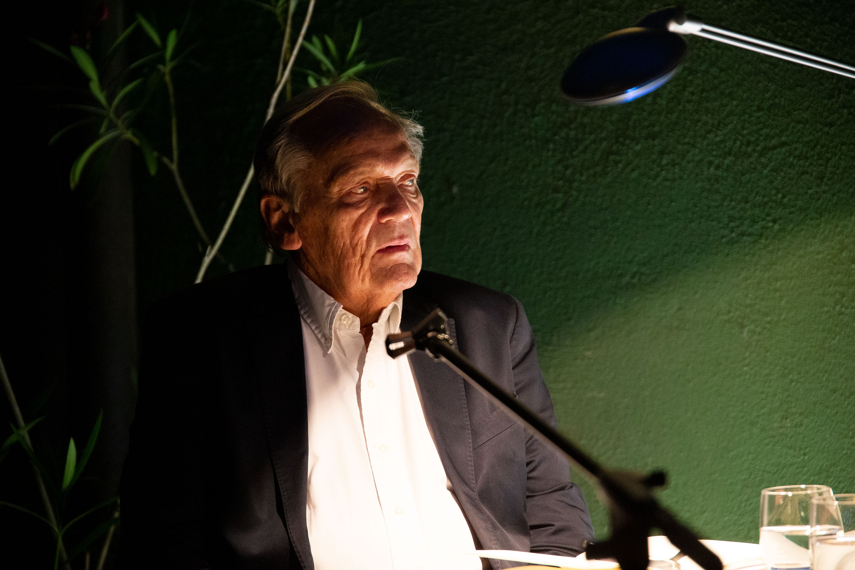 AI generated: The image shows an older man in formal clothes sitting in front of a green wall, illuminated by a lamp. He appears to be outside, surrounded by plants.