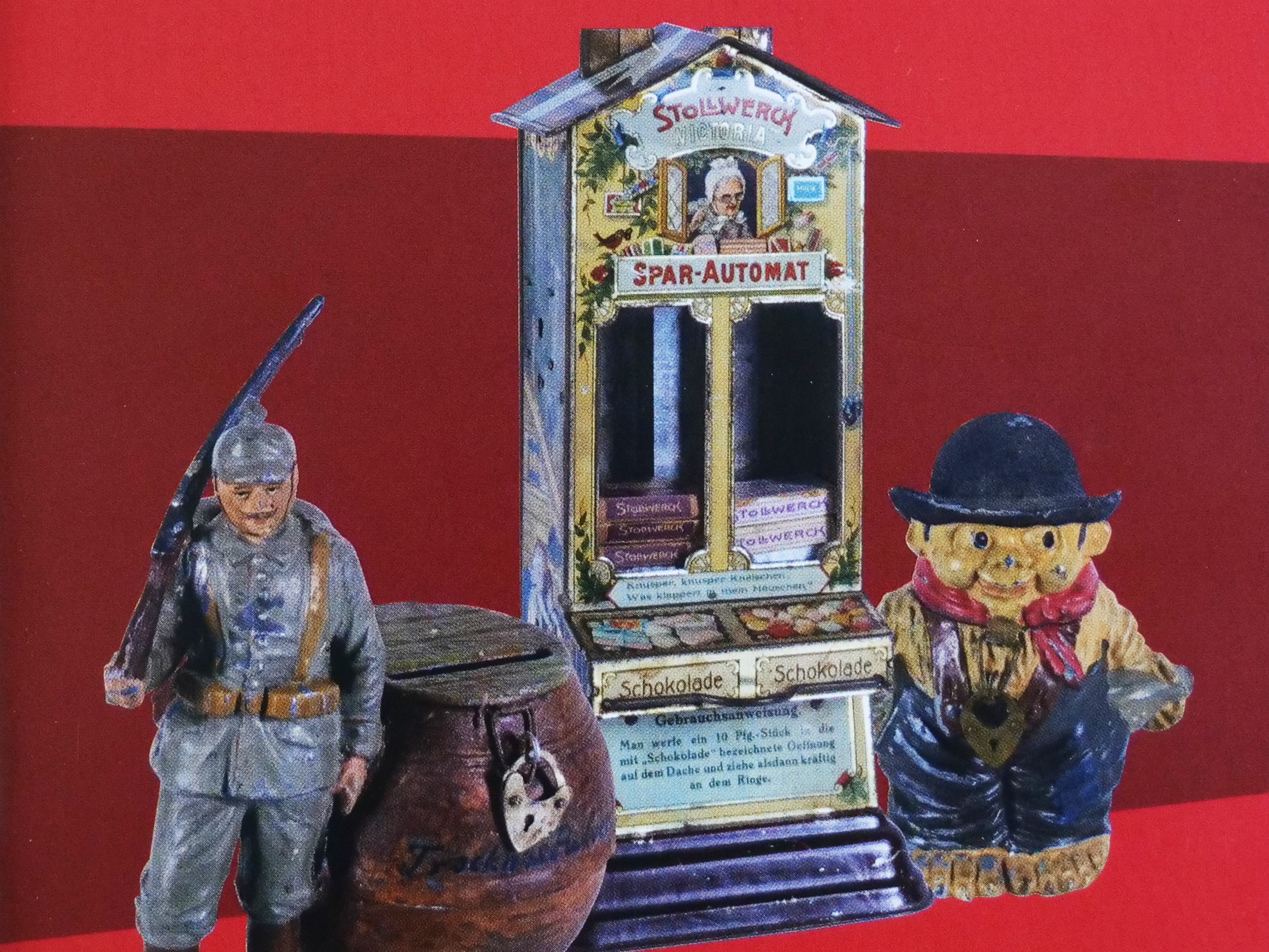 KI generiert: Das Bild zeigt ein Plakat des Stadtmuseums Dresden mit der Ausstellung "Aus Dresden in die Welt", die sich auf Spardosen und Zinnfiguren der Firmen Heyde, Hunger und Reiche konzentriert. Abgebildet sind verschiedene antike Spielzeugfiguren und ein Sparautomat.