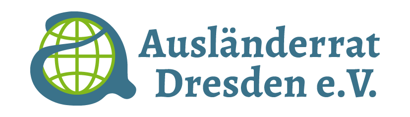 KI generiert: Das Bild zeigt das Logo des Ausländerrat Dresden e.V., bestehend aus einem stilisierten Erdball mit einer geschwungenen Linie daneben und dem Schriftzug "Ausländerrat Dresden e.V.".