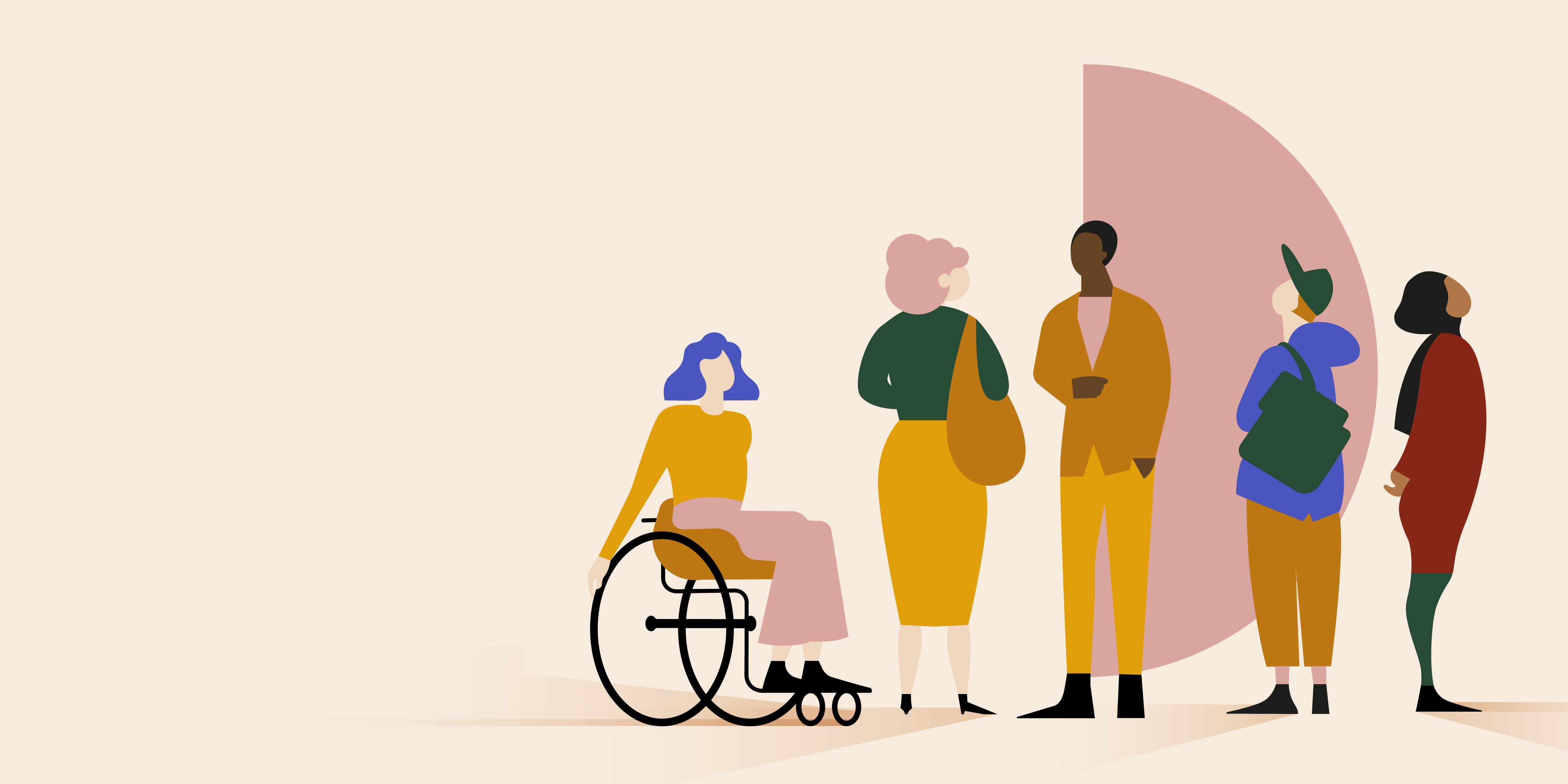 KI generiert: Das Bild zeigt eine Gruppe von stilisierten Personen, die Vielfalt und Inklusion darstellen, einschließlich einer Person im Rollstuhl. Die Figuren haben unterschiedliche Körperhaltungen und Kleidung, was Individualität und Gemeinschaft hervorhebt.