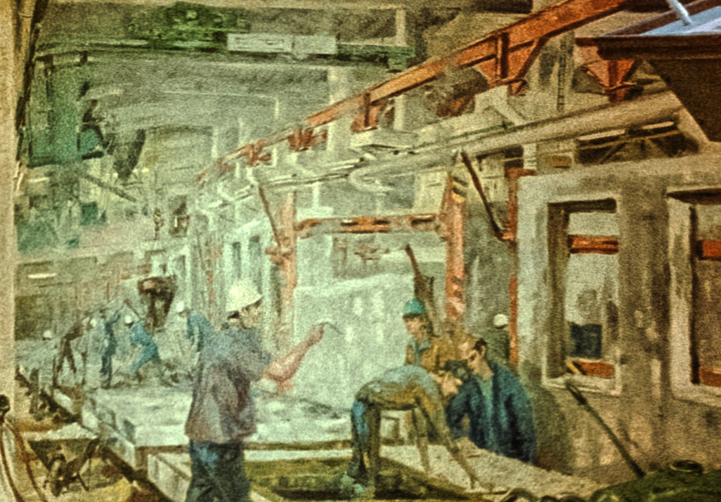 KI generiert: Das Bild zeigt eine Gruppe von Arbeitern in einem industriellen Umfeld, die an einer Baustelle oder einer Fertigungsstraße arbeiten. Die Szene ist dynamisch und vermittelt eine geschäftige Arbeitsatmosphäre.