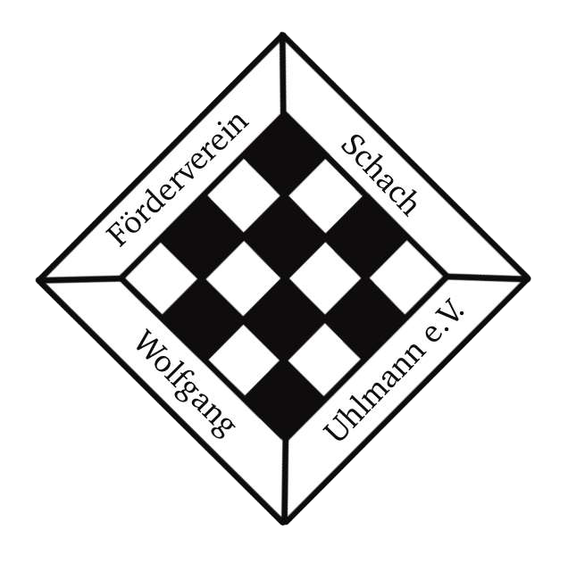 KI generiert: Das Bild zeigt ein Logo mit einem Schachbrettmuster in der Mitte, das von einem quadratischen Rahmen in Rautenform umgeben ist. In den Ecken des Rahmens stehen die Wörter "Förderverein Schach Wolfgang Uhlmann e.V.".