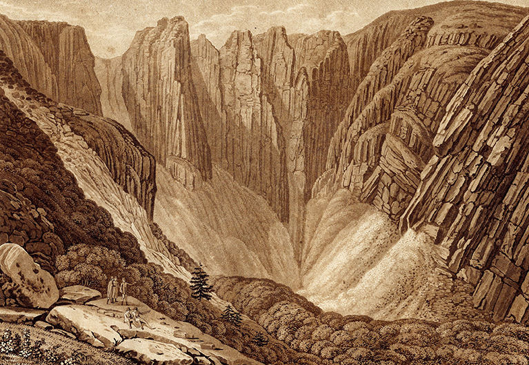 Grafik einiger Wanderer inmitten einer riesigen Berglandschaft.