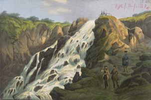 Postkarte mit Gemäldemotiv: Wanderer an einem Wasserfall