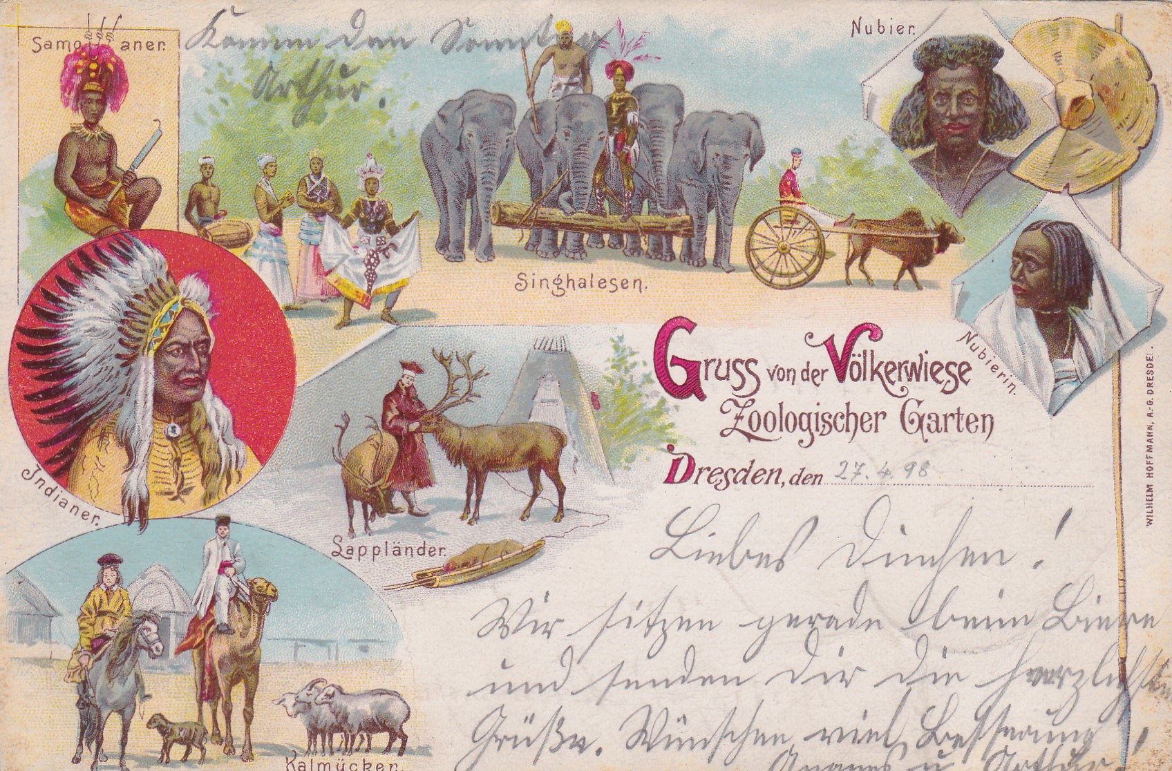 Postkarte mit Werbung für eine Völkerschau in Dresden